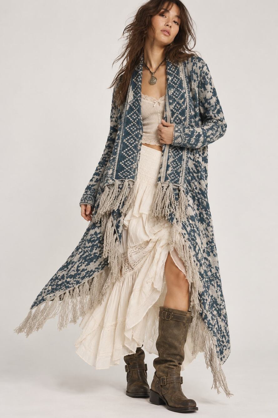 Anthropologie Solitaire Teal Patterned Fringe Flyaway Duster S Boho Western Fall